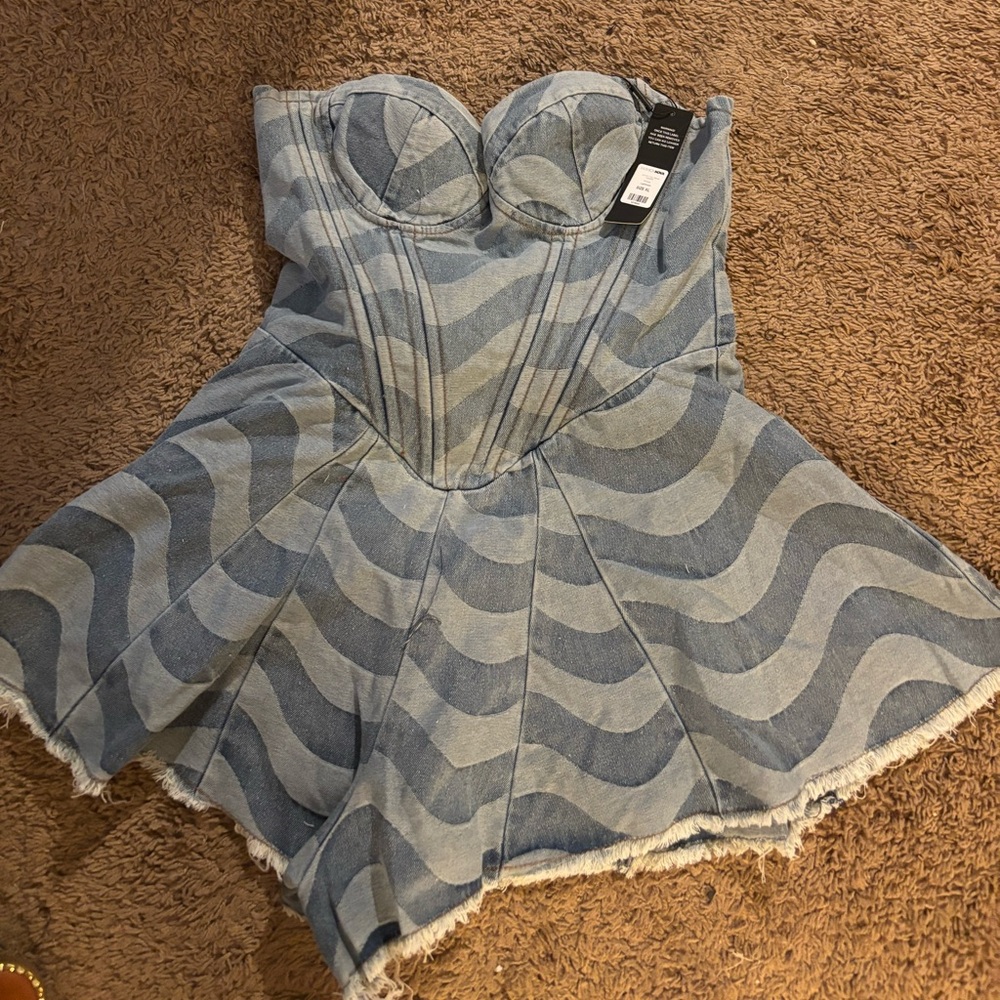 Blue and Gray Strapless Corset Romper